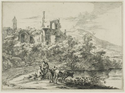 Paesaggio con rovine e due mucche al bordo dell