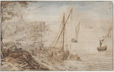 Paesaggio fluviale. In primo piano una barca che viene caricata e uomini che tagliano assi da Jan Brueghel d.Æ.