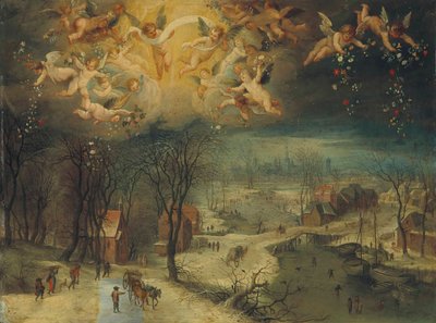 Paesaggio invernale con abitanti del villaggio che raccolgono legna e pattinatori su un fiume ghiacciato da Jan Brueghel the Elder