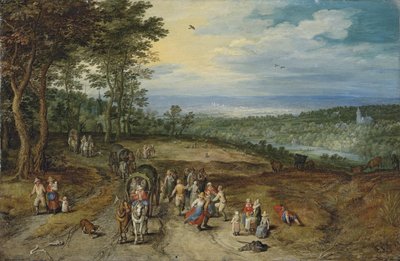 Un vasto paesaggio boscoso con viaggiatori su un sentiero e contadini che danzano in primo piano / Landscape with Travellers and Peasants on a Track da Jan Brueghel the Elder