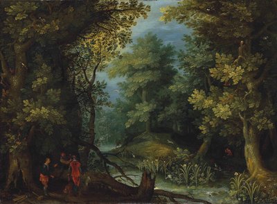 Cacciatori con segugi vicino a un ruscello in un paesaggio boscoso da Jan Brueghel the Elder