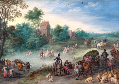 Viaggiatori su una strada di campagna con bovini e maiali da Jan Brueghel the Elder