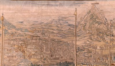 Arazzo fiammingo. Serie La Conquista di Tunisi. Revisione delle truppe a Barcellona. Secondo arazzo della serie. Modello Jan Vermeyen e Pieter Coecke van Aelst. 1543-1548. Manifattura Real Fábrica de Tapices de Santa Bárbara, Madrid da Jan Cornelisz Vermeyen