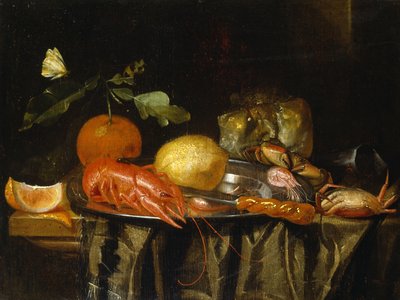 Un Gambero, Gamberetti e un Limone su un Piatto di Stagno su un Tavolo Coperto da Jan Davidsz de (after) Heem