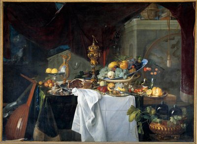 Natura morta con tavola da dessert coperta di piatti con strumenti musicali da Jan Davidsz de Heem