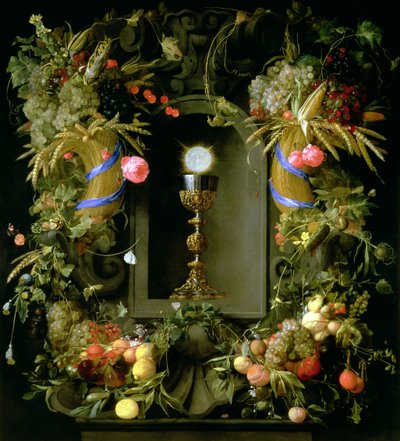 Calice e ostia della comunione, circondati da una ghirlanda di frutta da Jan Davidsz de Heem