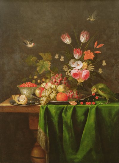 Natura morta di frutta e fiori con un pappagallo su un tavolo coperto da un panno verde da Jan Davidsz de Heem