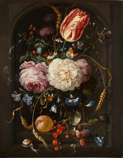 Natura morta di fiori in un vaso di vetro con insetti e frutta in una nicchia di pietra da Jan Davidsz. de Heem