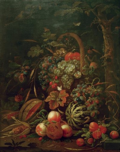 Natura morta con cesto di frutta, zucca, melone e pesche su una quercia da Jan Davidsz de Heem