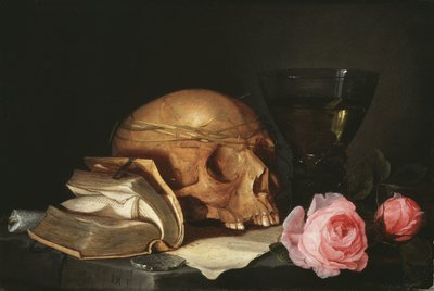 Vanitas natura morta con un teschio, un libro e delle rose da Jan Davidsz de Heem