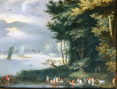 Sponde di un lago con figure che si imbarcano su barche a remi da Jan Frans van Bredael