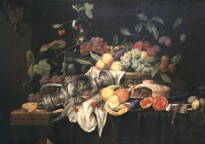 Natura morta con boccale di peltro, torta di carne e frutta da Jan Frans van Son
