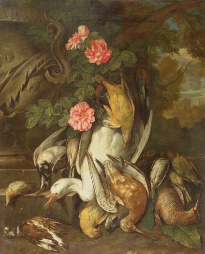 Anatra morta, beccaccino, fringuelli e altri uccelli morti con rose e urna in un paesaggio boscoso da Jan Fyt