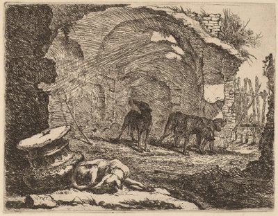 Quattro cani, uno che dorme accanto a un capitello da Jan Fyt