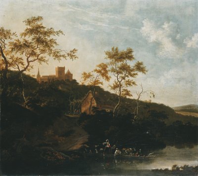 Paesaggio fluviale con un gentiluomo a cavallo e contadini su un traghetto, una taverna sotto un castello oltre da Jan Gabrielsz. Sonje