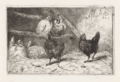 Gallo e cinque galline in un pollaio da Jan Gerard Smits