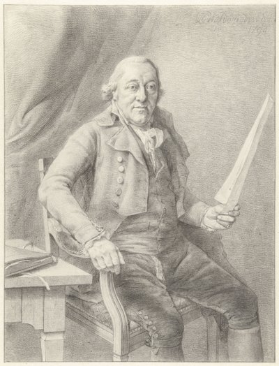 Ritratto di Reinier Vinkeles I, seduto su una sedia con un foglio di carta in mano da Jan Gerard Waldorp