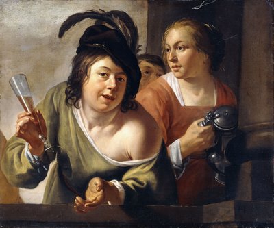 Un giovane bevitore e una cameriera che bevono su un balcone da Jan Gerritsz. van Bronckhorst