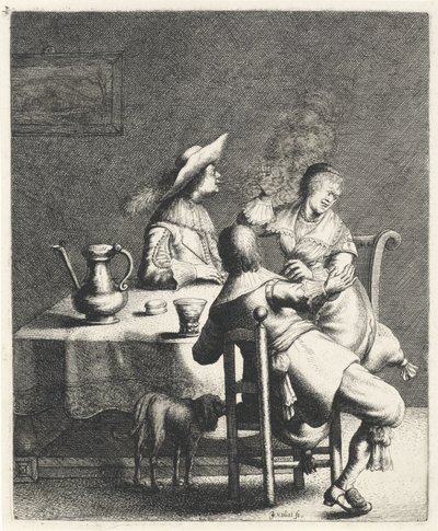 Fumatore soffia fumo verso una donna da Jan Gillisz. van Vliet