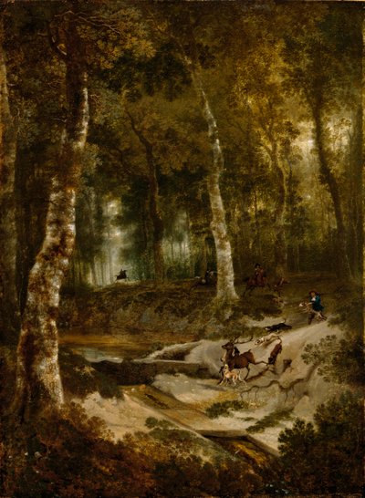 Paesaggio forestale con caccia al cervo da Jan Hackaert