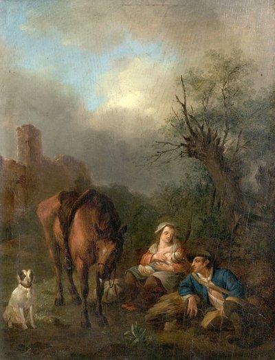 Paesaggio con figure, un cavallo e un cane da Jan Hackaert