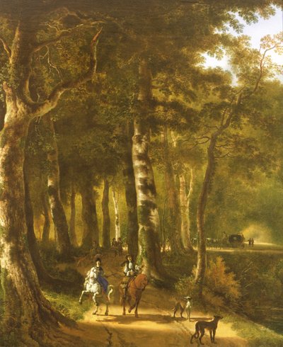 Viaggiatori su un sentiero in un paesaggio boscoso da Jan Hackaert