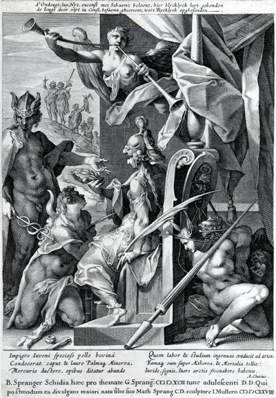 Mercurio e Minerva armano un eroe con una pelle di toro e una corona di alloro da Jan Harmensz Muller