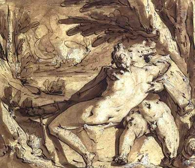 Coppia nuda seduta, abbracciata sotto un albero da Jan Harmensz Muller