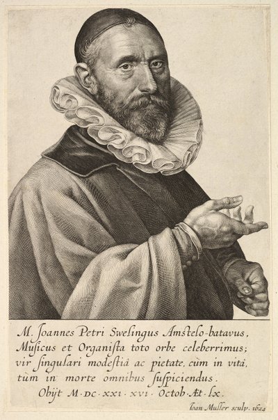 Ritratto di Jans Pietersz Sweelinck, pub. 1624 (incisione) da Jan Harmensz Muller