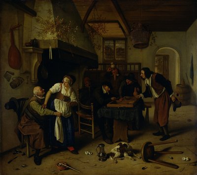 Interno di una locanda con un vecchio che si diverte con la locandiera e due uomini che giocano a backgammon, noto come 