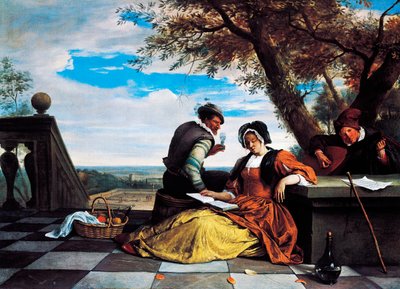 Due uomini e una giovane donna che fanno musica su una terrazza da Jan Havicksz. Steen