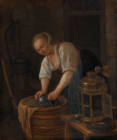 Donna che pulisce utensili di metallo da Jan Havicksz. Steen