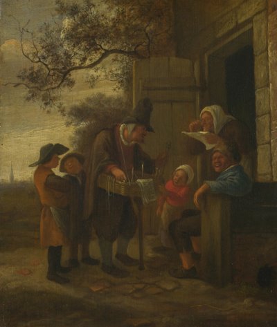 Un venditore ambulante che vende occhiali fuori da un cottage, c. 1653 da Jan Havickszoon Steen