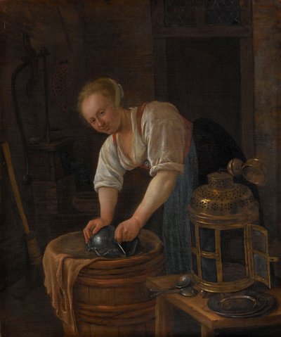 Donna che pulisce utensili di metallo, 1650-60 da Jan Havickszoon Steen