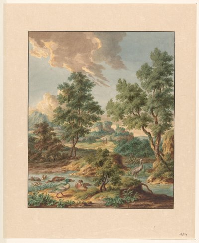Paesaggio con uccelli acquatici in uno stagno da Jan Hendrik Troost van Groenendoelen