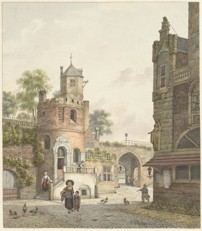 Mura della città con una torre e una porta, viste dall