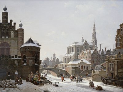 Una vista capricciosa di una città con figure su un canale ghiacciato da Jan Hendrik Verheyen