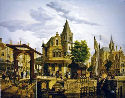 Scena di strada olandese lungo un canale da Jan Hendrik Verheyen