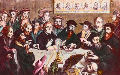 La luce è posta sul candelabro - Incisione di Jan Houwens che mostra i riformatori Giovanni Calvino e Martin Lutero incontro immaginario dei leader riformisti: John Wyclif da Jan Houwens