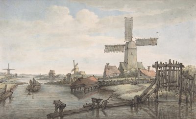Veduta di un canale con tre mulini a vento da Jan Hulswit