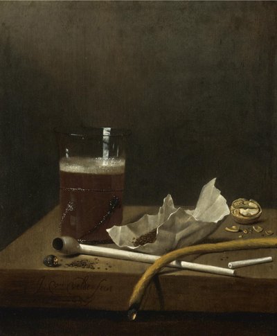Natura morta con un bicchiere di birra, una pipa, tabacco e altri requisiti per fumare, 1658 da Jan III van de Velde
