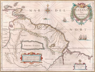 Mappa creata circa 1649 che raffigura la regione della Guiana. Territorio rivendicato dalla Spagna in rosso a ovest, Guiana olandese evidenziata in giallo e territorio portoghese in rosso a sud-est. È visibile anche il mitico Lago Parime da Jan Janssonius