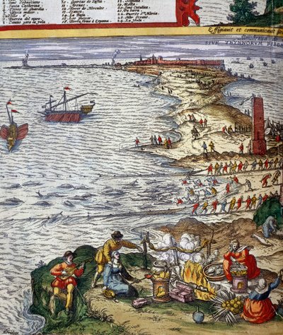 Scena di pesca e preparazione del pesce nella città portuale di Cadice da Jan Janssonius
