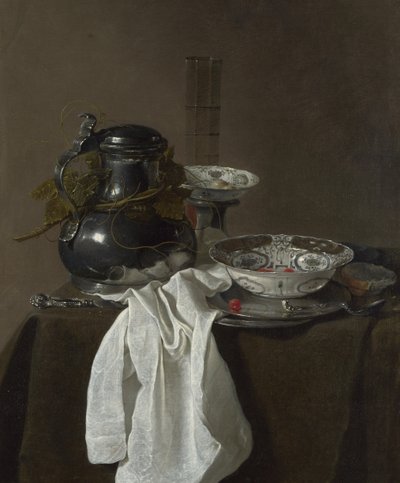 Natura morta con un boccale di peltro e due ciotole Ming, 1651 da Jan Jansz. Treck