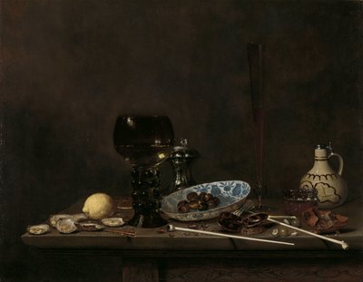 Natura morta con Roemer, bicchiere a flauto, brocca di terracotta e pipe da Jan Jansz. van de Velde (III)