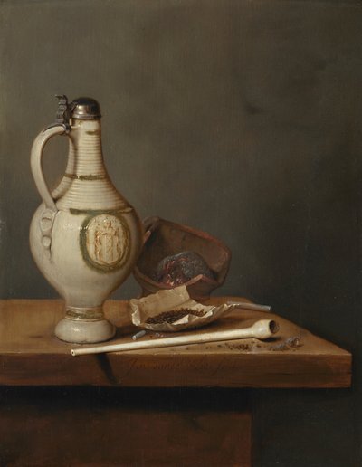Natura morta con brocca e pipa in gres, metà del 1650 (olio su tavola) da Jan Jansz. van de Velde