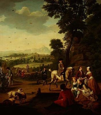 Una elegante festa di falconeria che riposa in un parco da Jan Josef the Younger Horemans