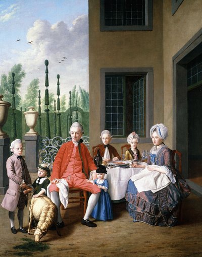 Ritratto di gruppo della famiglia van den Bosch, che cena vicino a una casa, con un giardino di topiaria oltre da Jan Josef the Younger Horemans