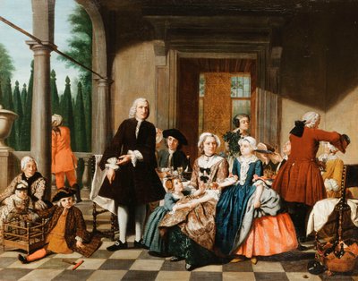 Ritratto di una famiglia che cena su un portico, con un giardino formale oltre, 1747 da Jan Josef the Younger Horemans