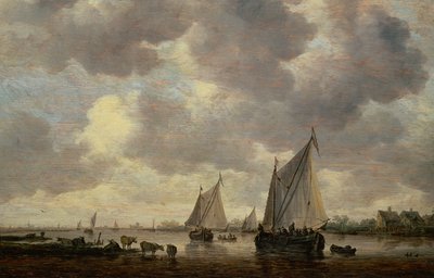 Un Canale in Olanda, o Due Grandi Navi a Vela e Bestiame Vicino a un Fiume da Jan Josephsz van Goyen